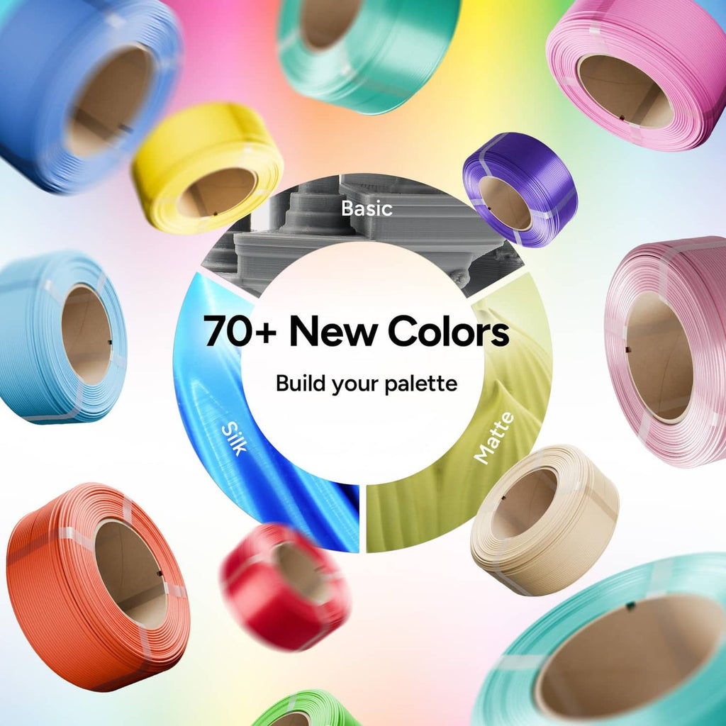Color variety display of PLA filament refill spools with 70+ color options
