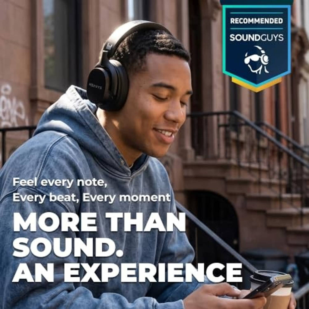 Black over-ear wireless headphones with cushioned ear cups and control housing.
