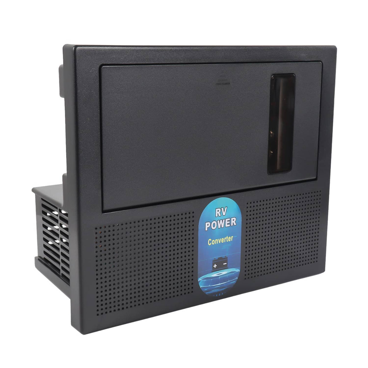RV power converter battery charger front face with RV Power sticker and vent grid