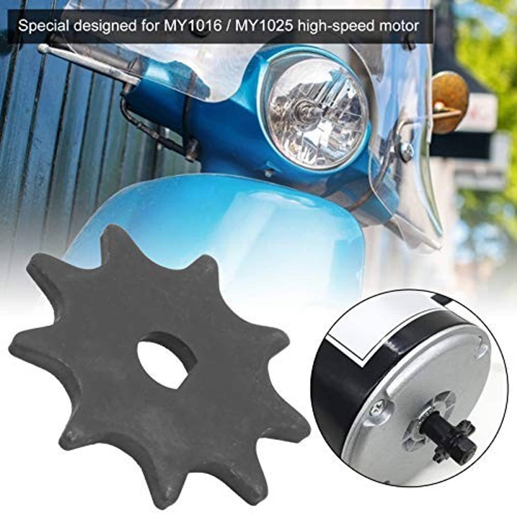 Black chain sprocket with central hole, shown with silver motor sprocket close-up