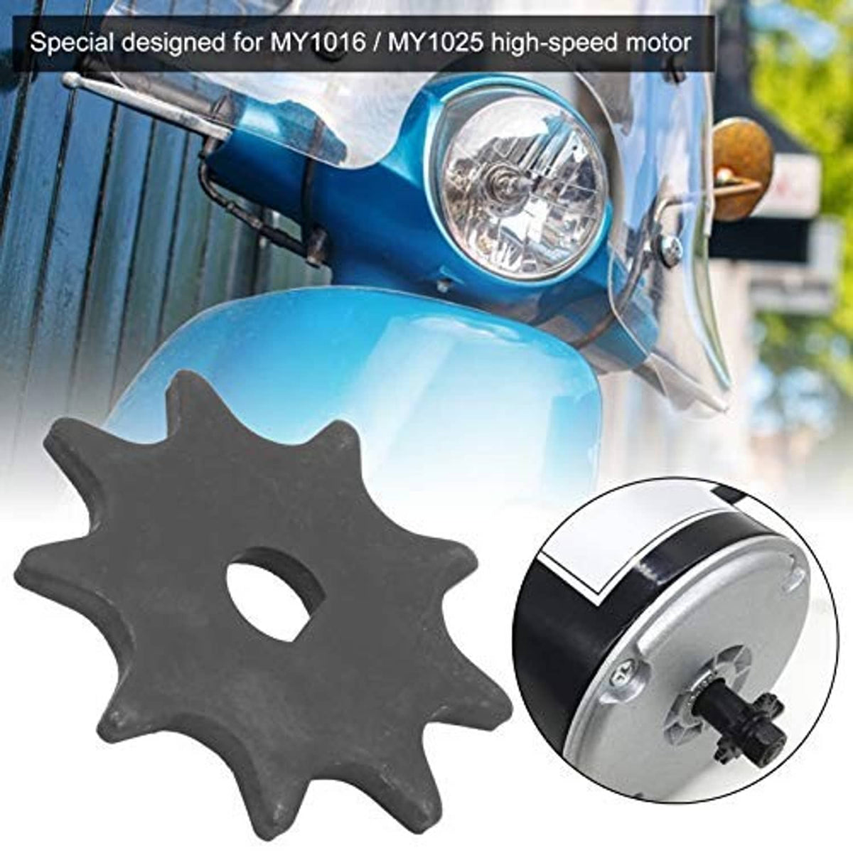 Black chain sprocket with central hole, shown with silver motor sprocket close-up