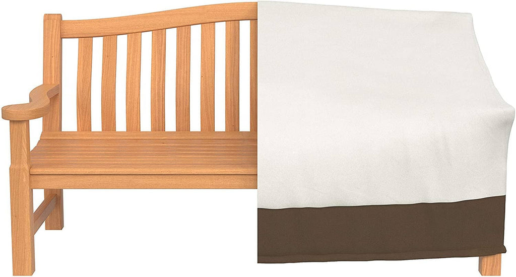 2-seater outdoor couch cover, cream fabric with brown base band and side panels.