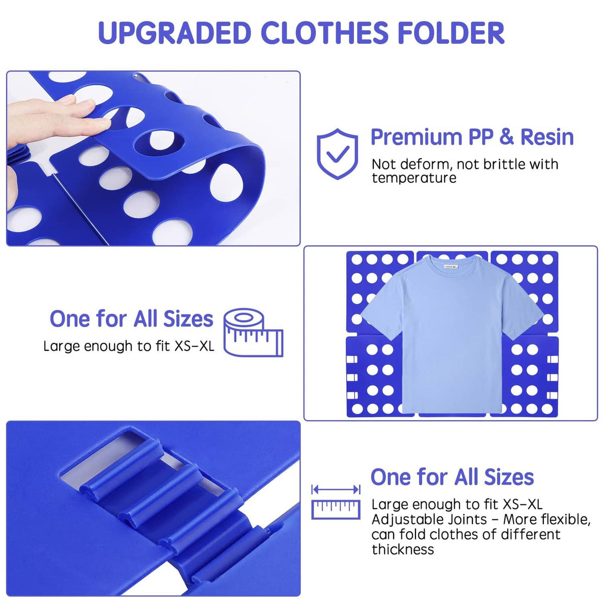 Blue clothes folding board for T-shirts with grid peg pattern and folded shirt layout