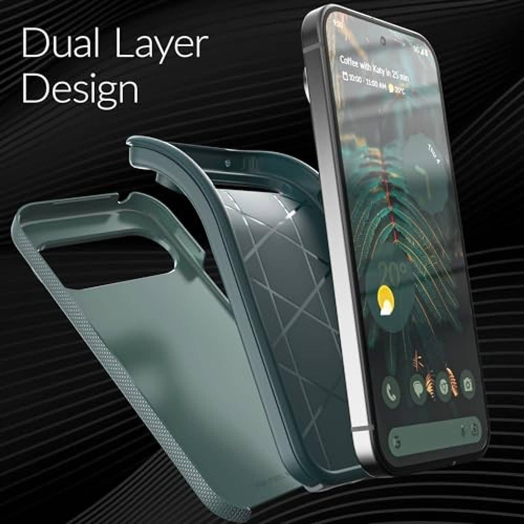 Forest green dual-layer phone case with textured grip and protective edge