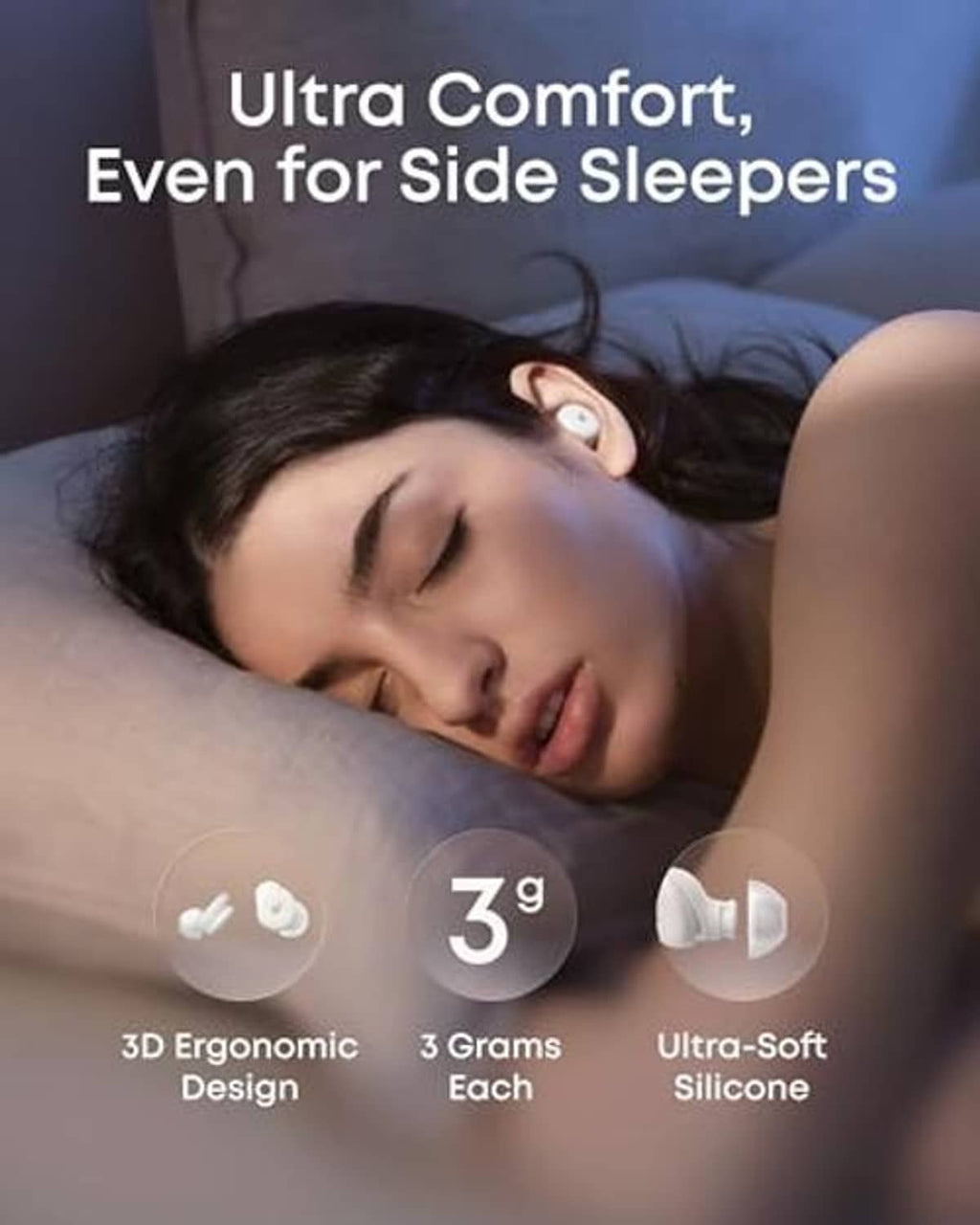 White sleep earbud in a sleeper’s ear with ultra-soft silicone tip
