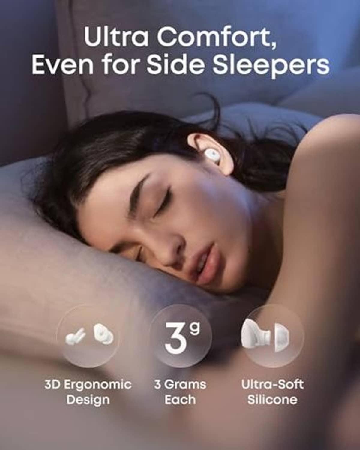 White sleep earbud in a sleeper’s ear with ultra-soft silicone tip