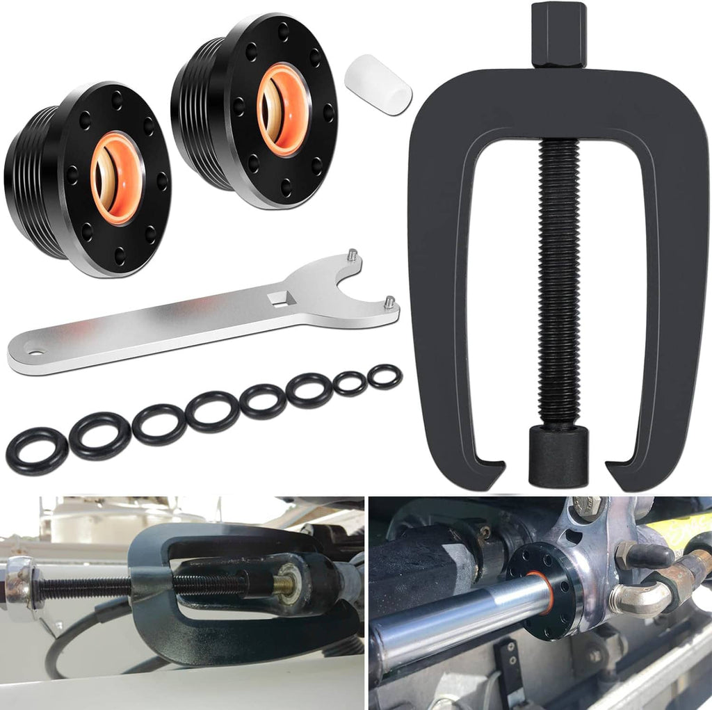 Hydraulic steering cylinder seal kit with two black seal glands, orange seals and O-rings