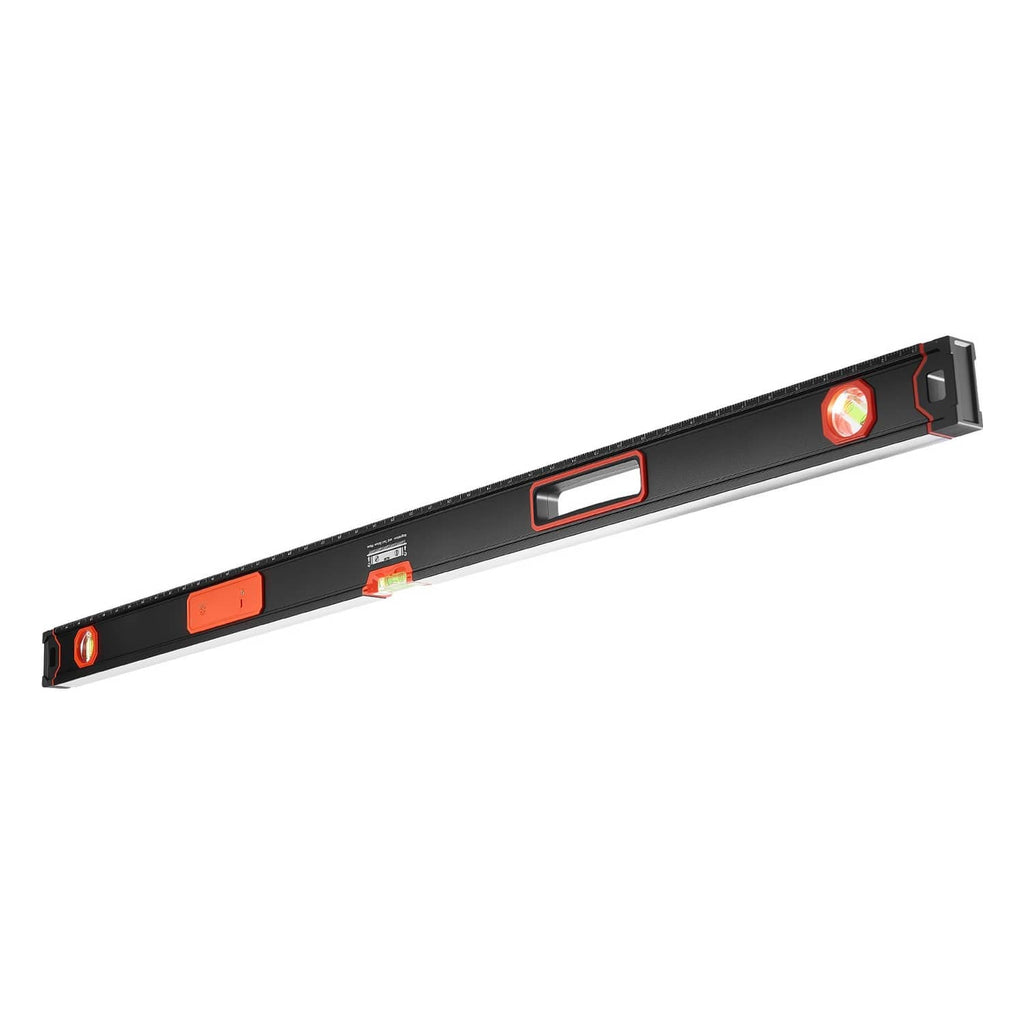 Digital magnetic level with corner end cap, LED screen, and red bubble vials
