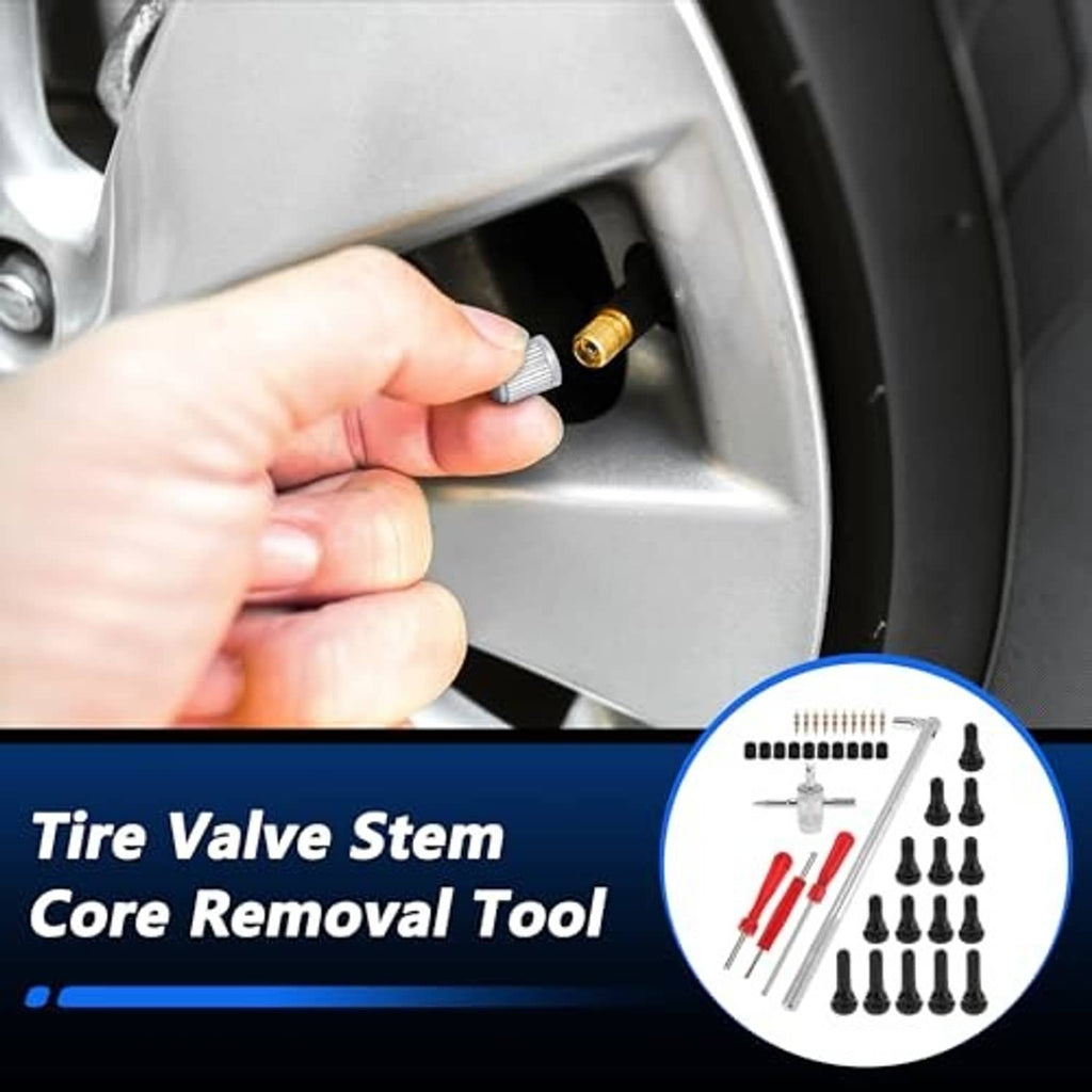 Hand using tire valve stem core removal tool on a wheel valve, showing metal tip