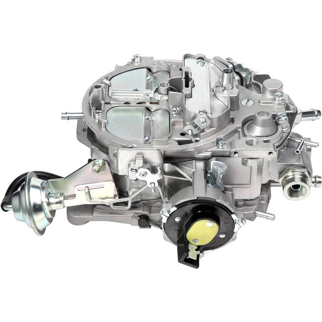 Side view of silver carburetor assembly with float bowl cover and fuel inlet outlet