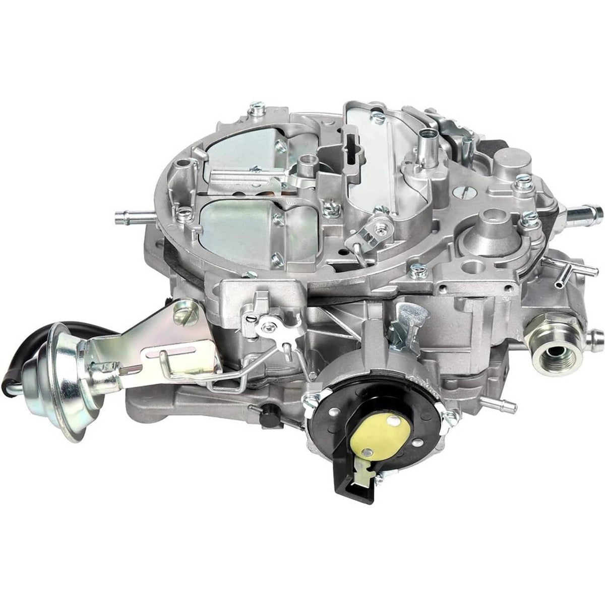 Side view of silver carburetor assembly with float bowl cover and fuel inlet outlet