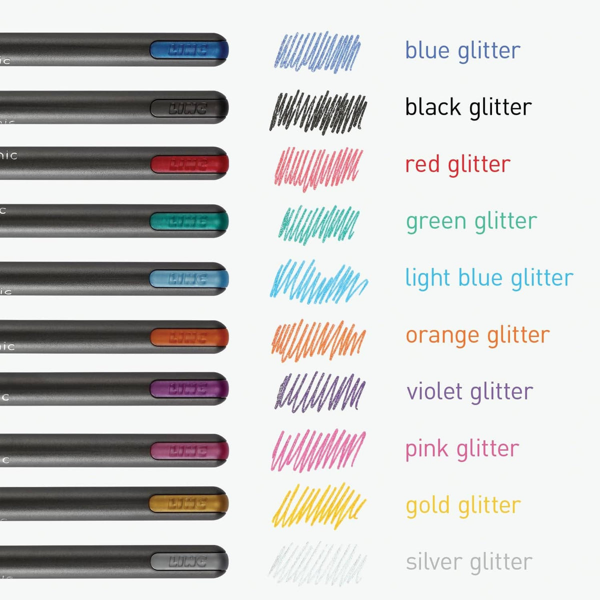 Glitter gel pen swatches showing blue, black, red, green, light blue, orange, violet