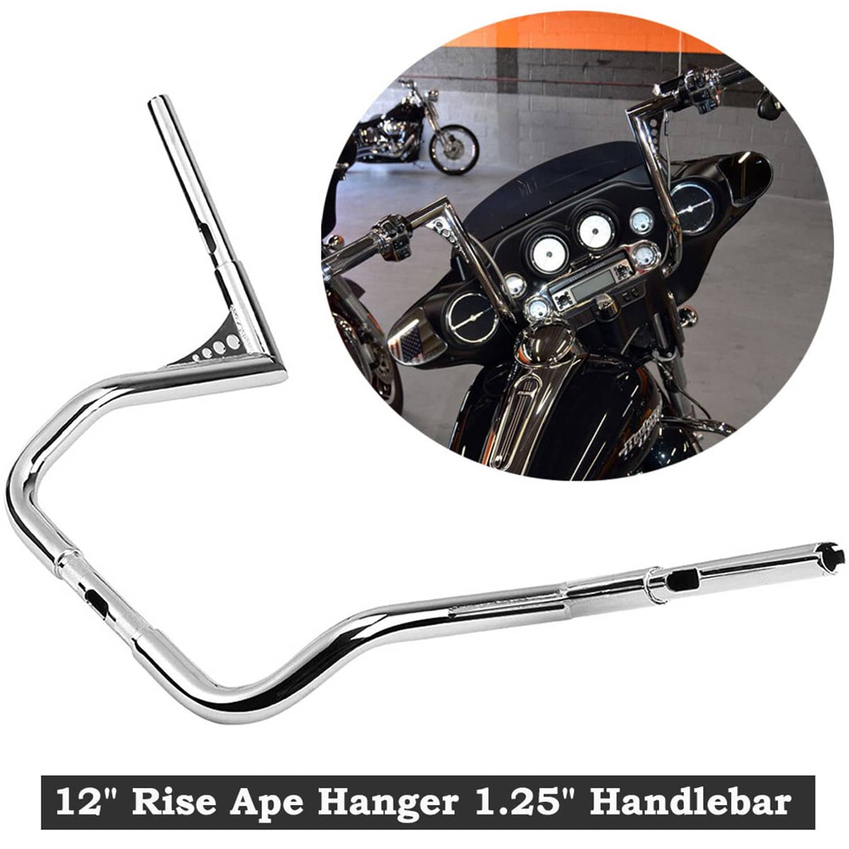Chrome ape hanger handlebar with hardware, angled view