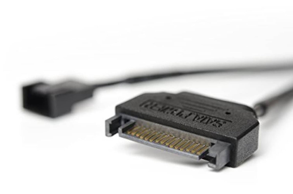 Black 4-pin fan power PWM connector with SATA cable, close-up