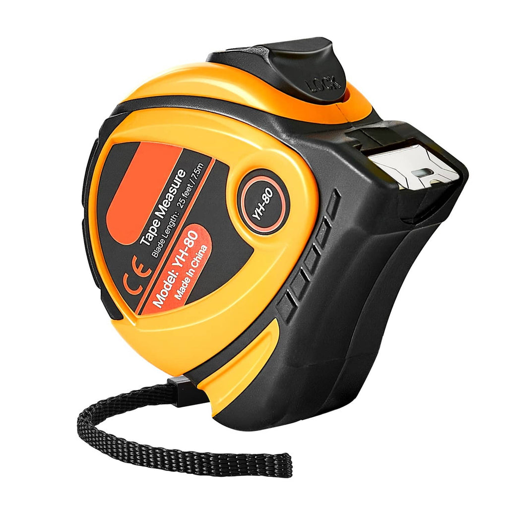 Retractable tape measure with orange dial and black casing, lanyard attached