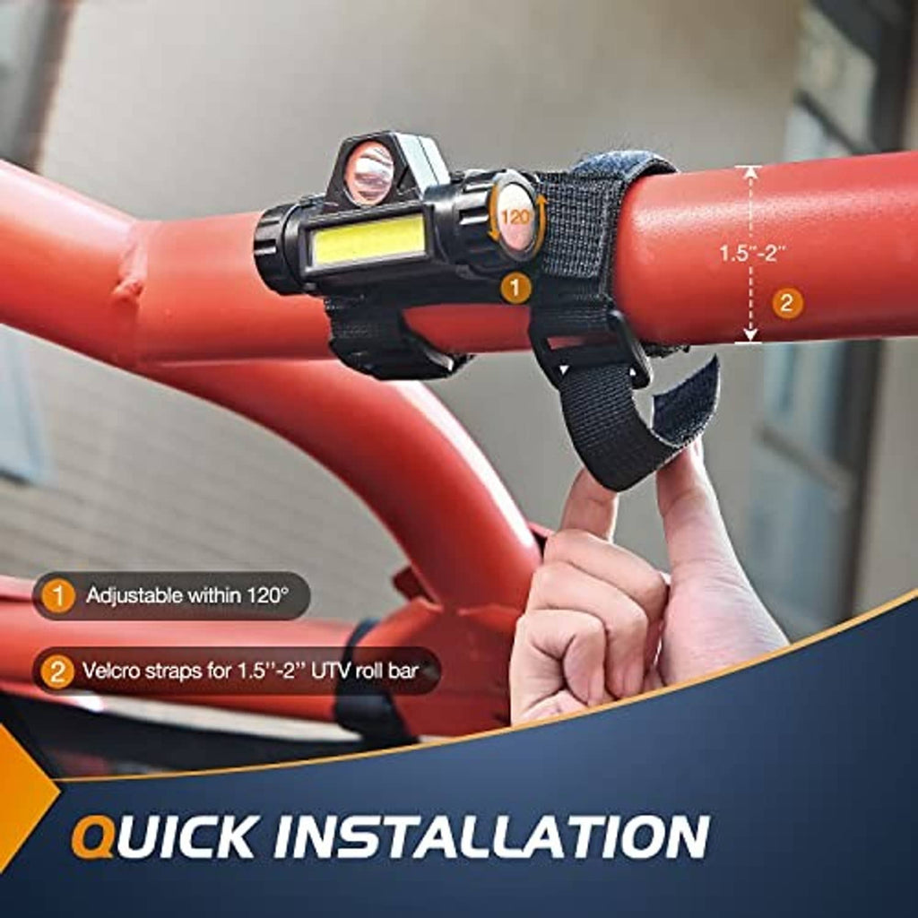 Black UTV LED light with adjustable strap mounted on a red roll bar
