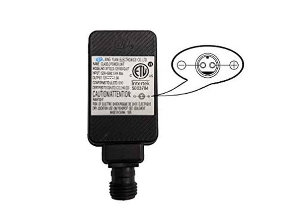 ETL-listed black power adapter with label and round output polarity connector