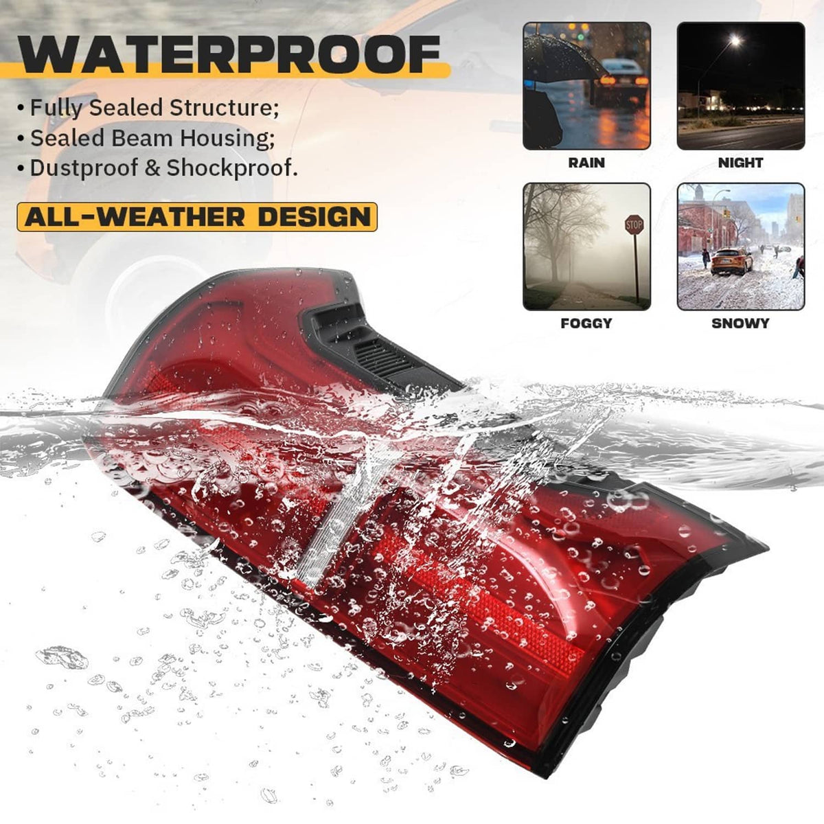 Red LED tail light cover with black trim, water-resistant all-weather design