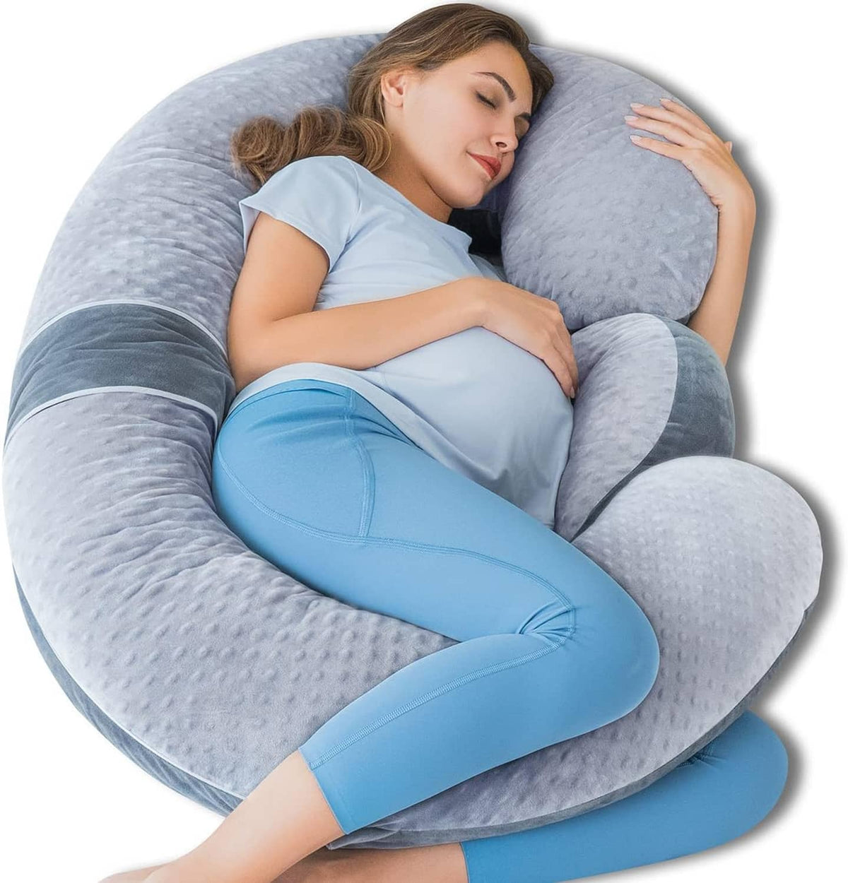 Gray E-shaped pregnancy pillow with blue leg cushion and detachable wedge for support