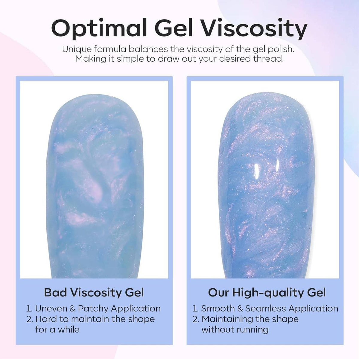 Blue iridescent gel polish swatches showing smooth gel texture