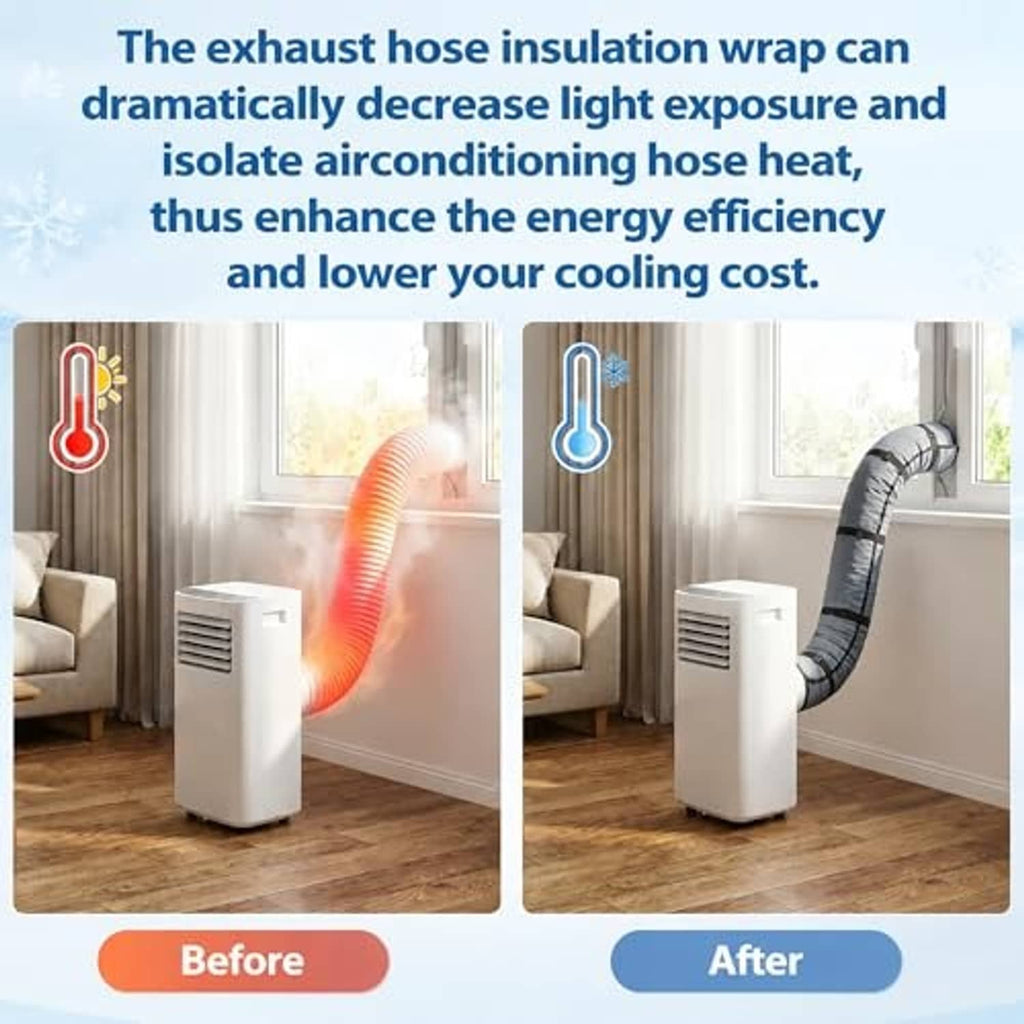 Dark grey insulated hose wrap with silver reflective interior for AC exhaust hose