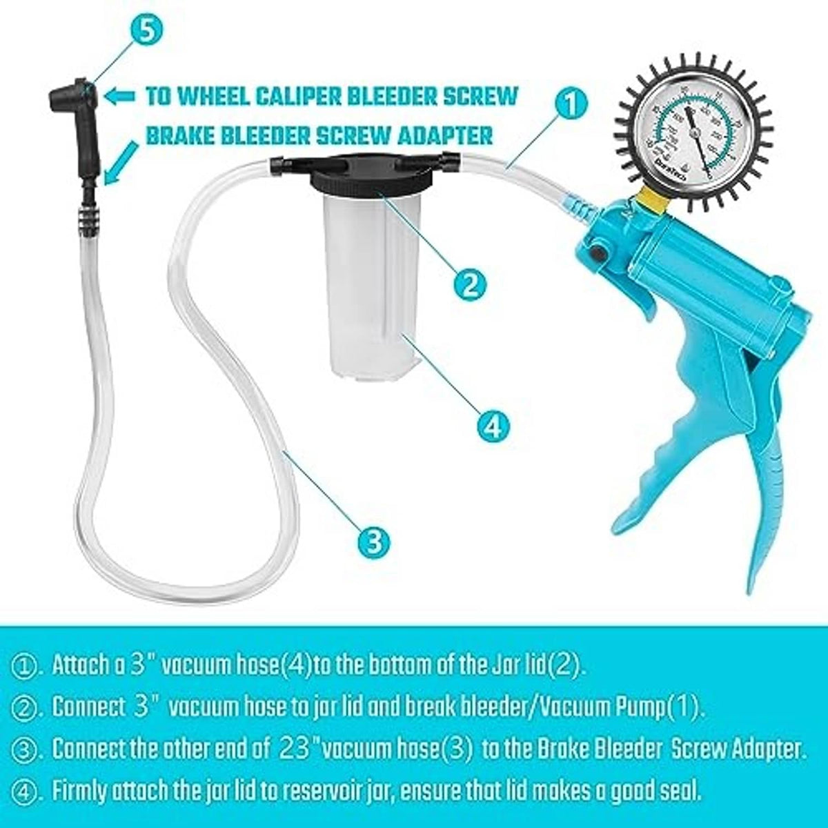 Vacuum bleeder setup diagram showing hose routing to jar lid and brake bleeder screw adapter