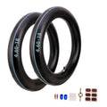 Dirt bike inner tube pair, black rubber rings with blue size marking and valve