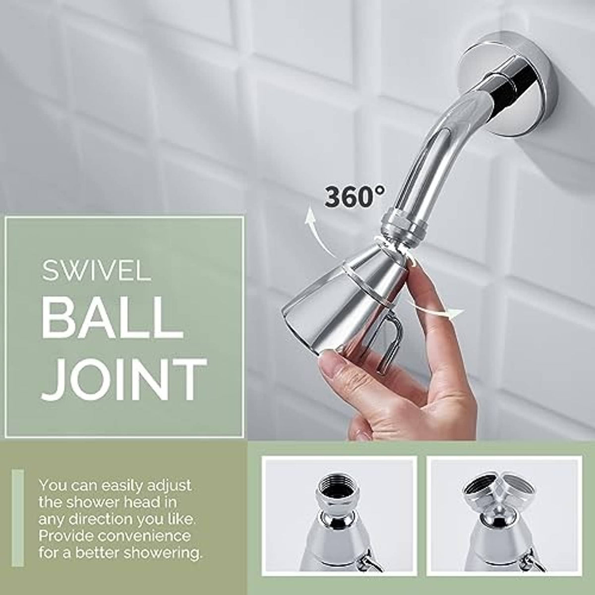 Swivel ball joint shower head with 360-degree adjustable arm, held in hand