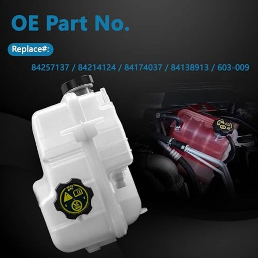 White radiator surge tank coolant container with black warning cap and hose