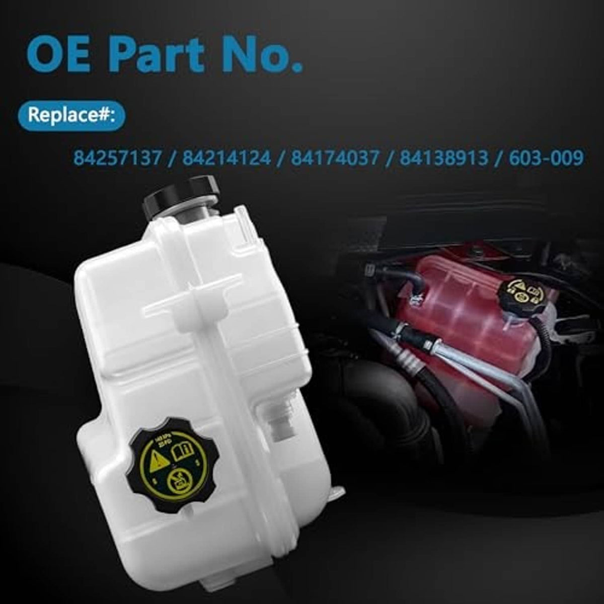 White radiator surge tank coolant container with black warning cap and hose