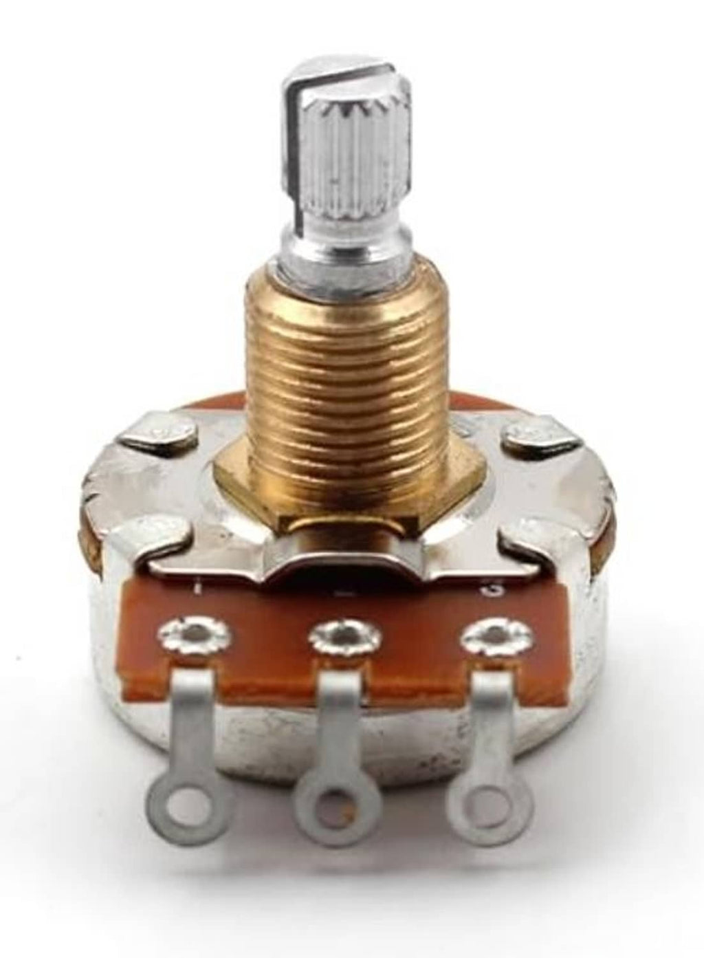 Front view potentiometer with short split shaft, threaded adjustment pin, and orange resistor strip