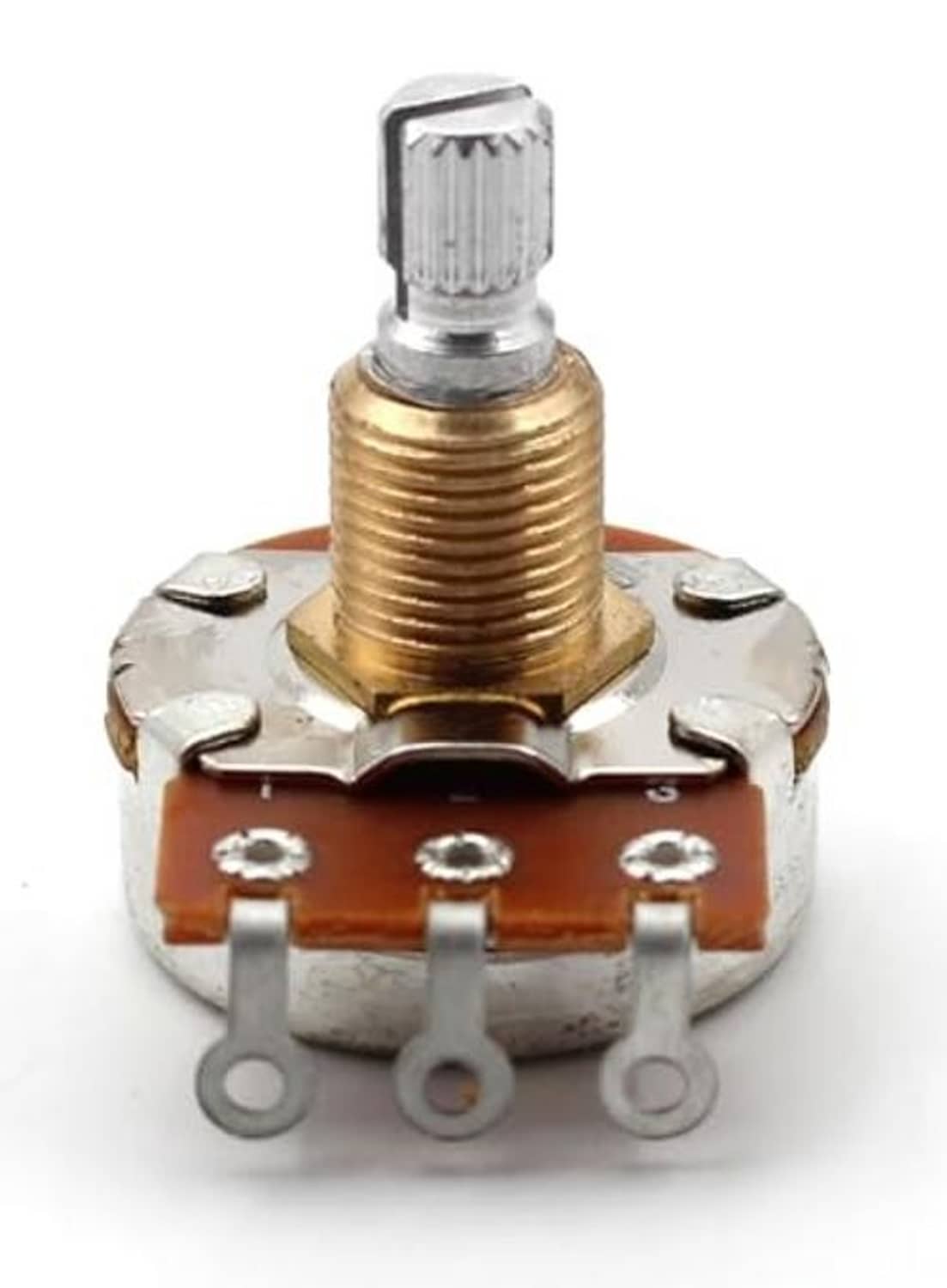 Front view potentiometer with short split shaft, threaded adjustment pin, and orange resistor strip