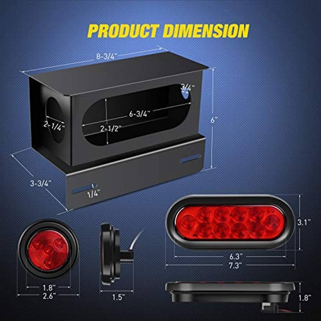 Black trailer light housing with red oval LED bar and round red marker light, dimensions shown