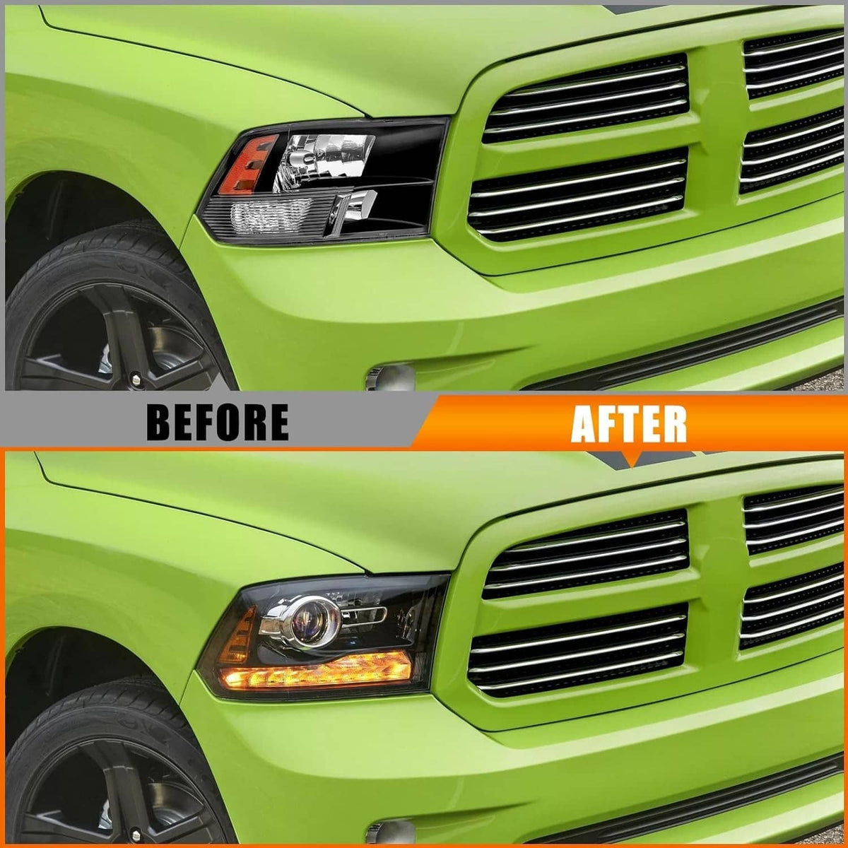 Truck front before-and-after view with black headlights and amber LED DRL