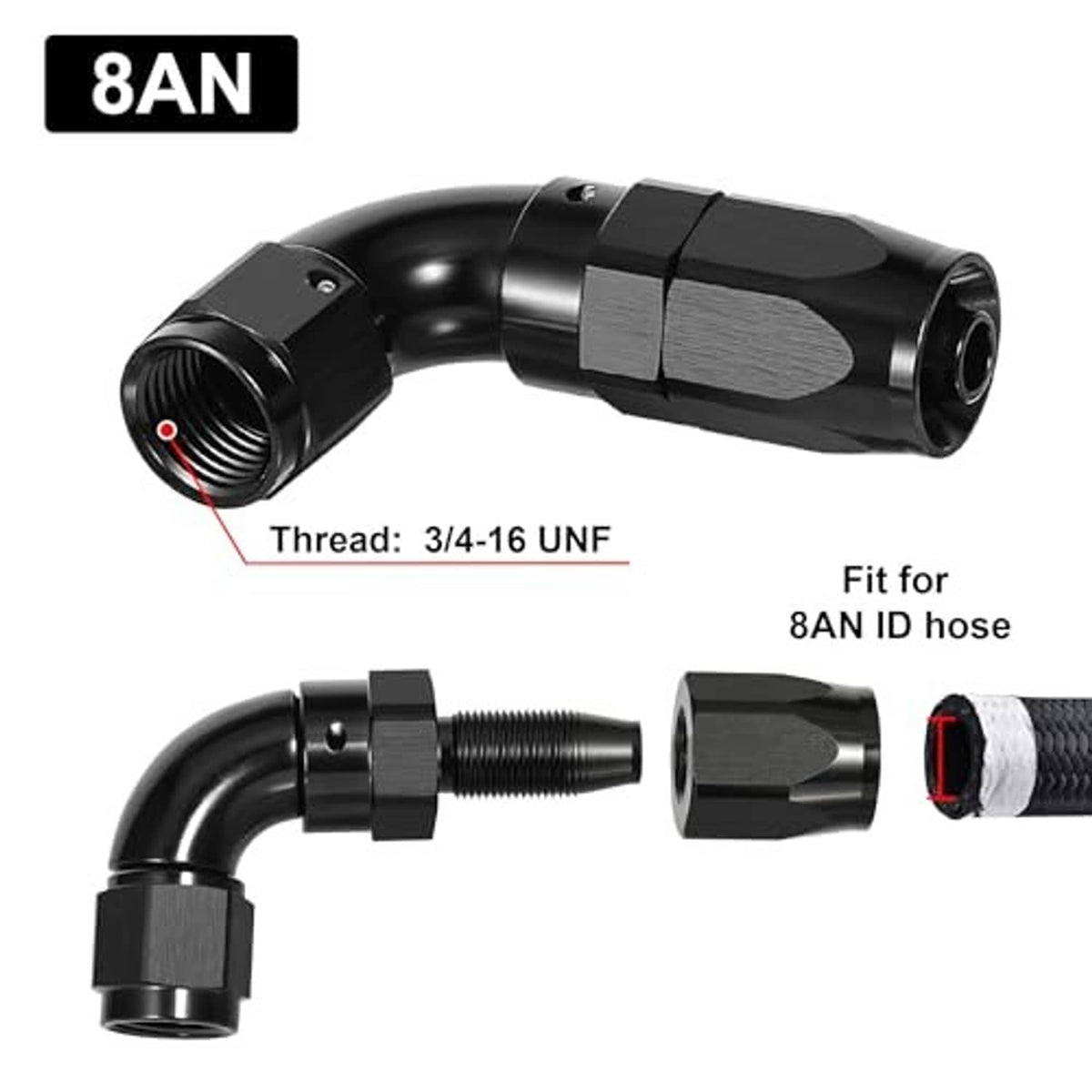Black AN 90-degree swivel hose end fitting with two ports and hex collar