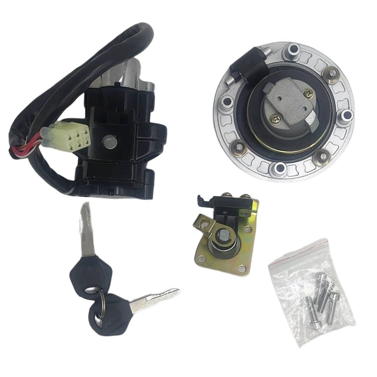 Ignition lock assembly with black key cylinder, metal mounting plate, and wiring harness