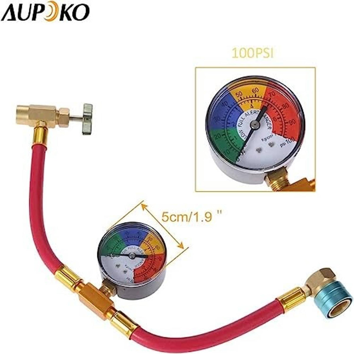 Refrigerant charge hose kit with pressure gauge, brass couplers, and red hose.