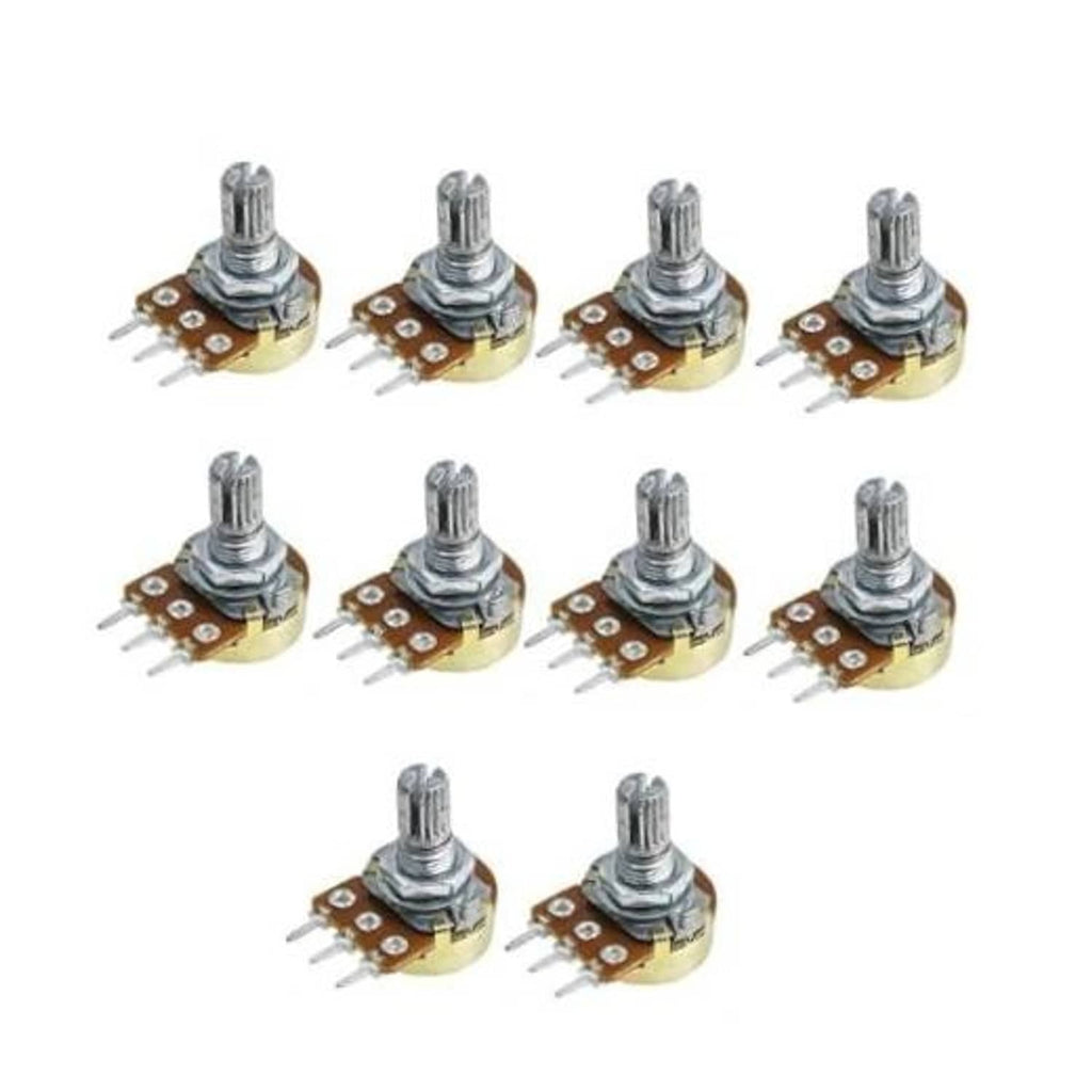Set of 10 3-pin 250k ohm potentiometers with metal adjustment shaft and solder pins