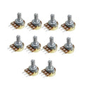 Set of 10 3-pin 250k ohm potentiometers with metal adjustment shaft and solder pins