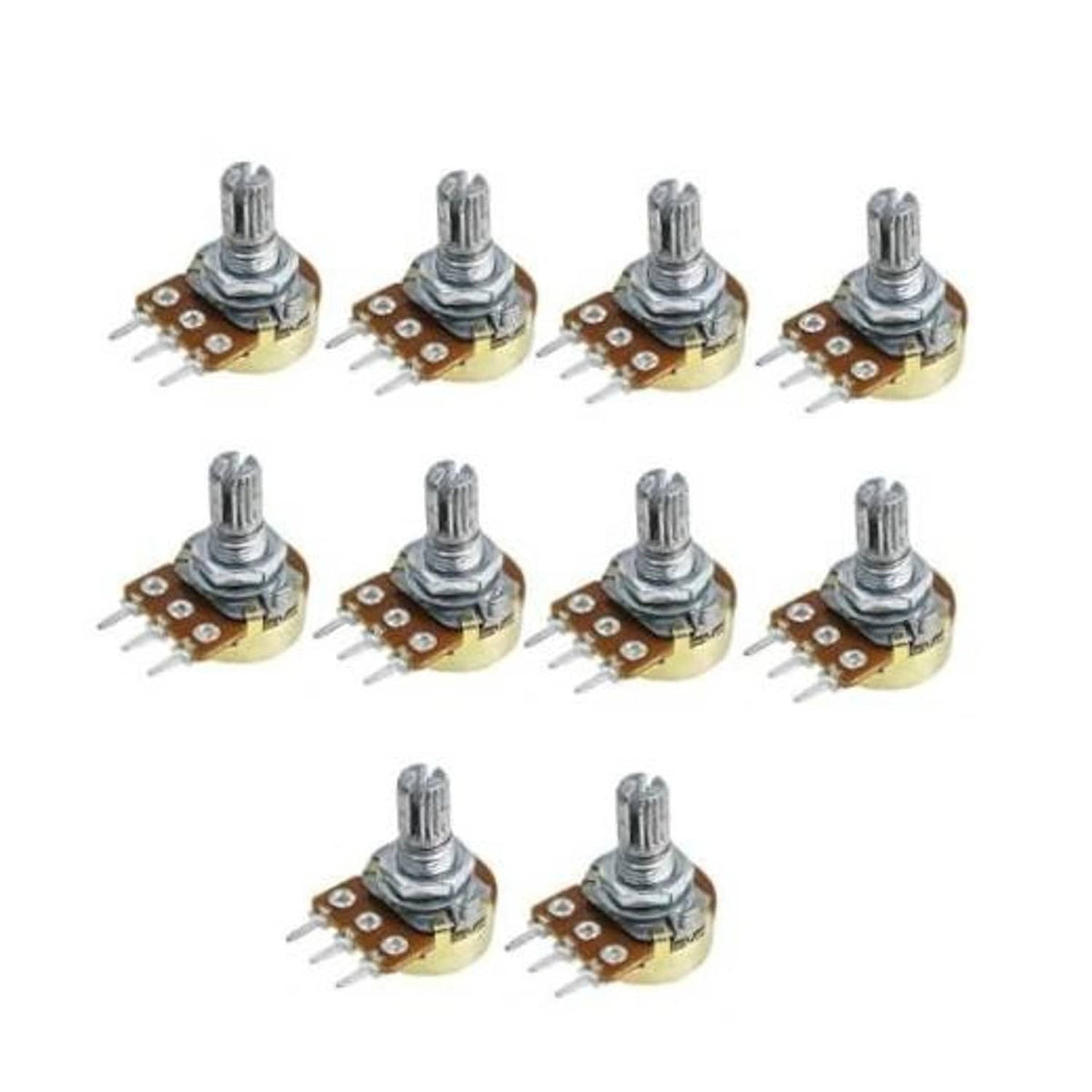 Set of 10 3-pin 250k ohm potentiometers with metal adjustment shaft and solder pins