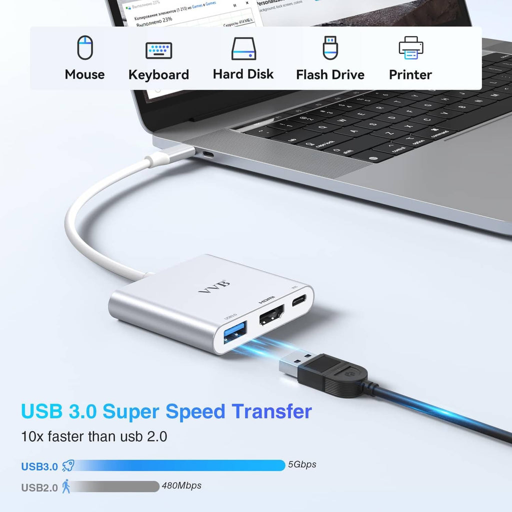 Silver USB-C adapter hub connected to laptop with HDMI output and USB data port.