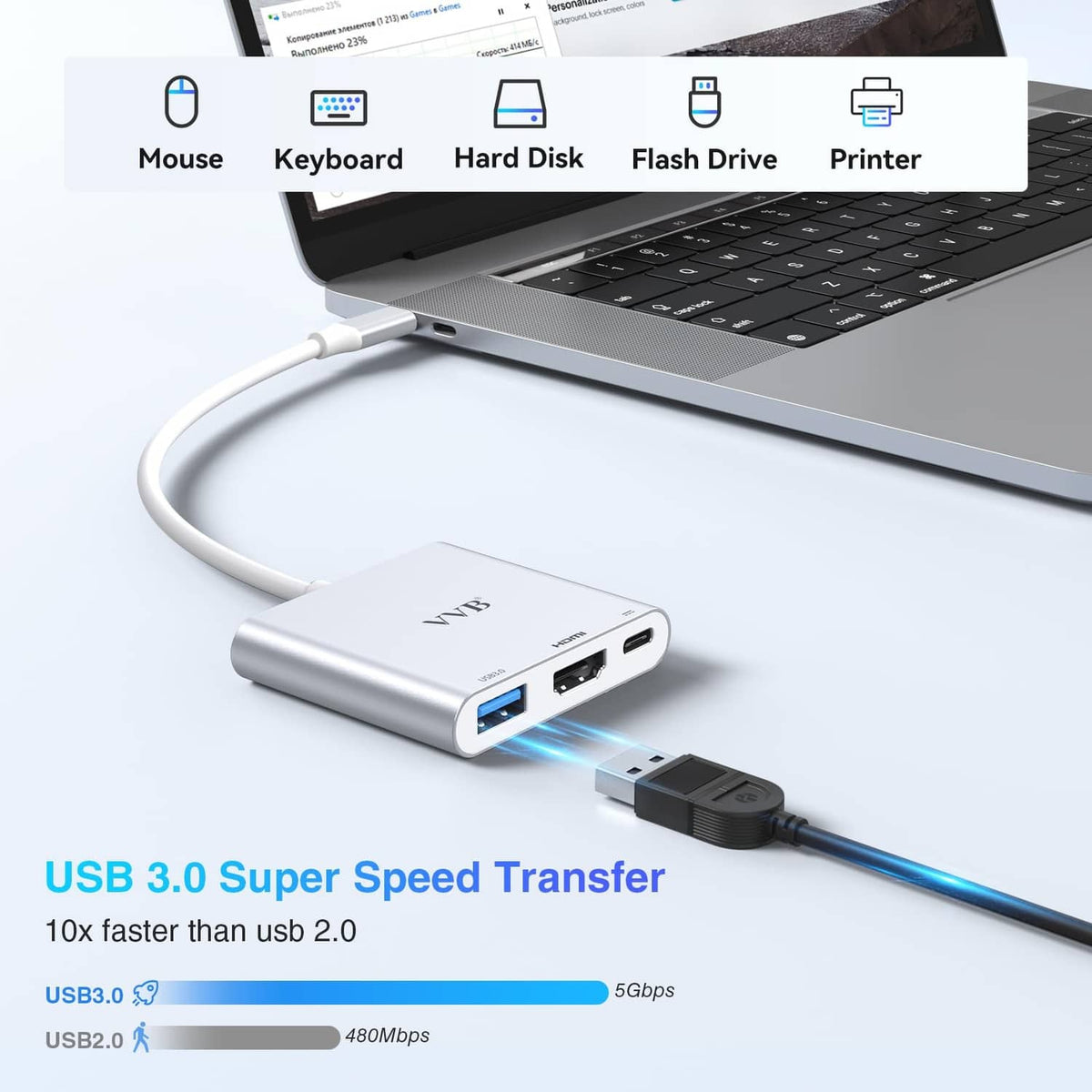 Silver USB-C adapter hub connected to laptop with HDMI output and USB data port.