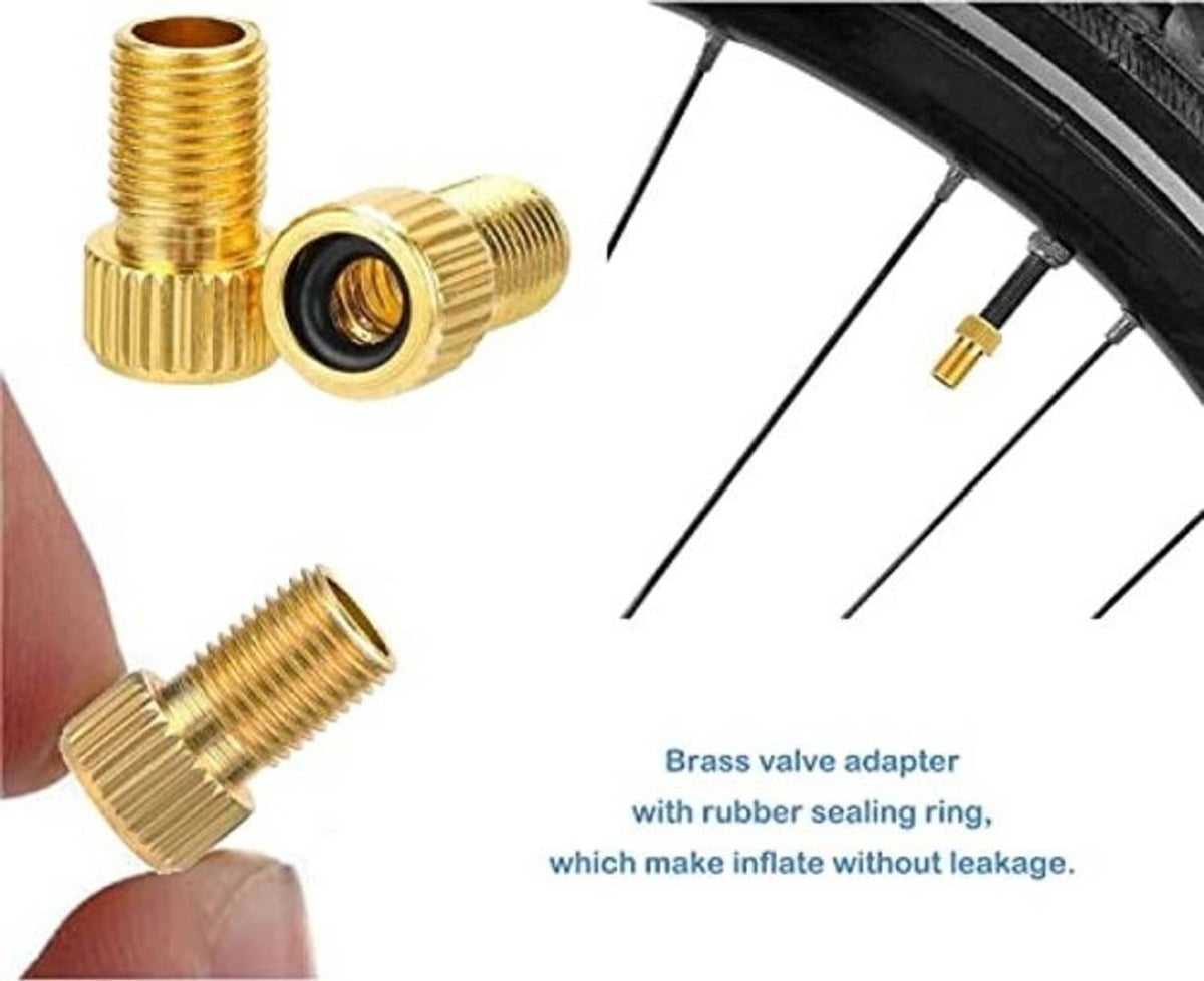Brass valve adapter with rubber sealing ring and threaded caps for bike tires
