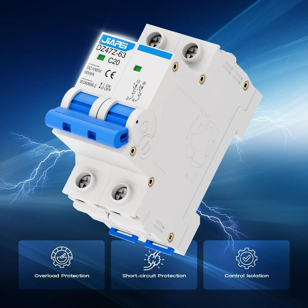 DC miniature circuit breaker with blue module and protection icons for overload and short-circuit