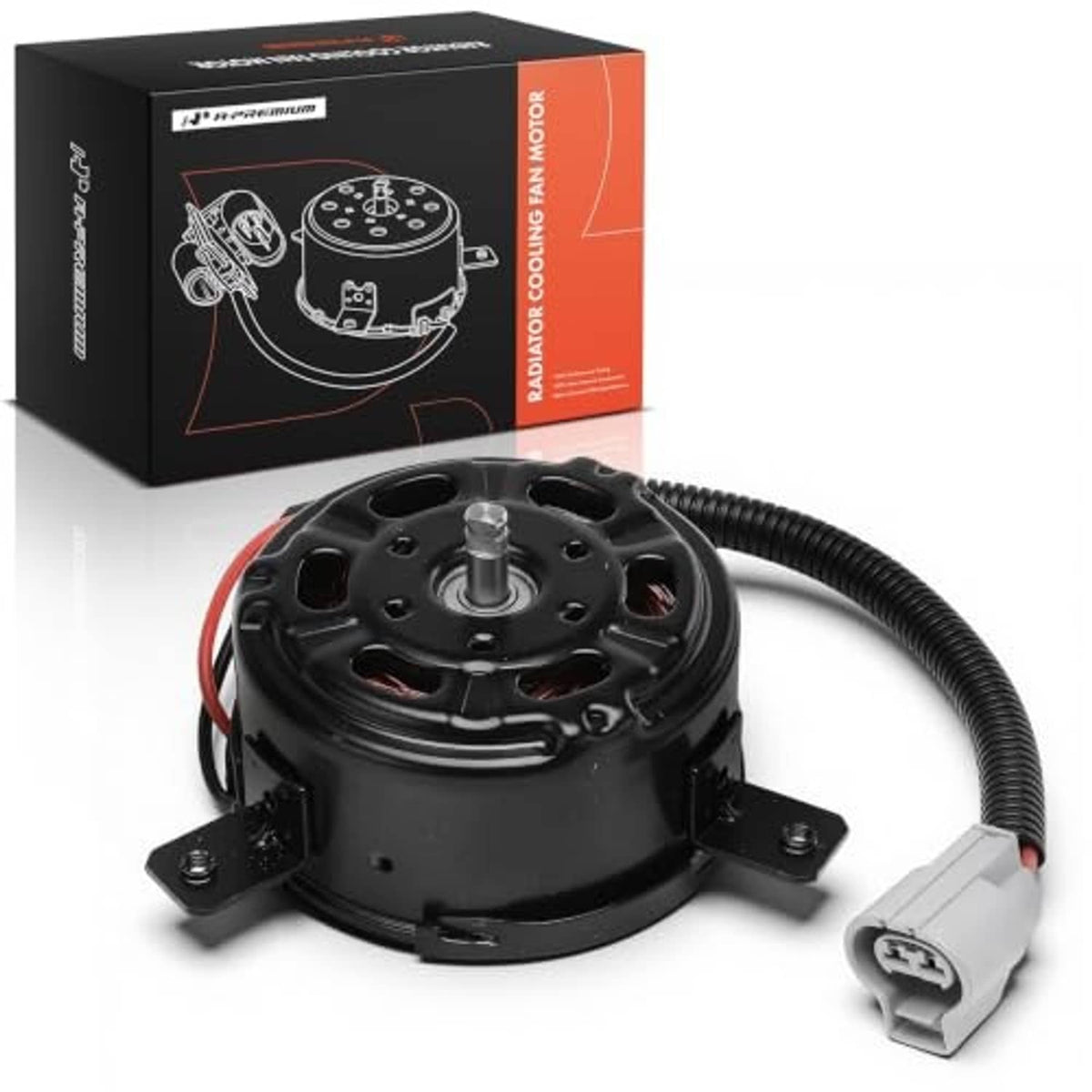 Radiator fan motor with curved wiring harness and mounting brackets