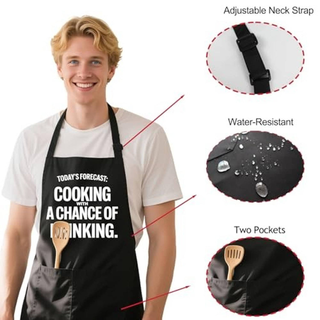 Men's black water-resistant grill apron with adjustable neck strap and two pockets