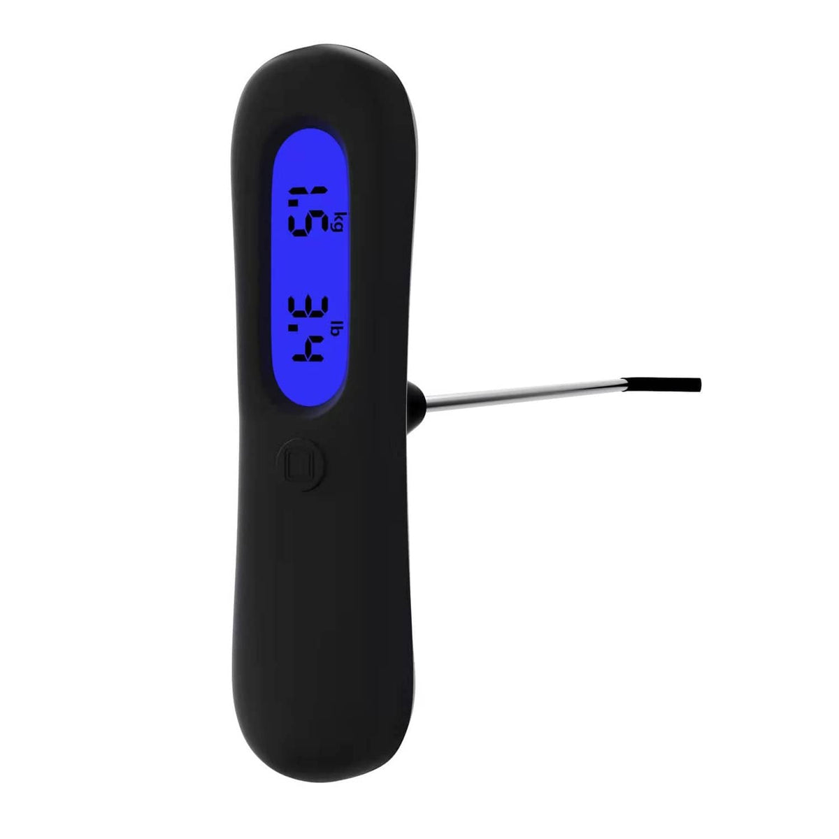 Black digital trigger pull scale gauge with blue LCD and stainless steel probe