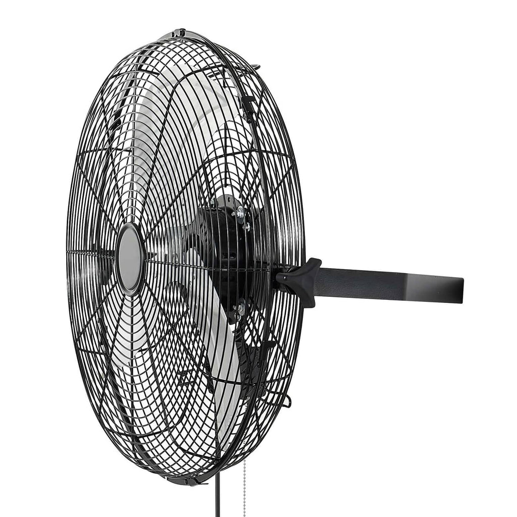 18-inch wall fan with black wire grille, circular hub, and tilt mounting arm