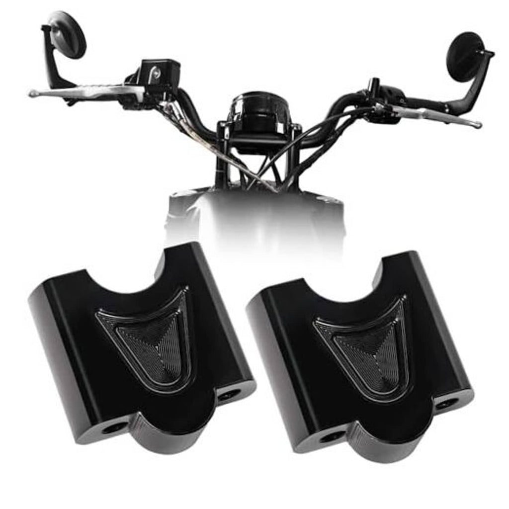 Black handlebar riser set with curved clamp blocks and mounting bolts, pair