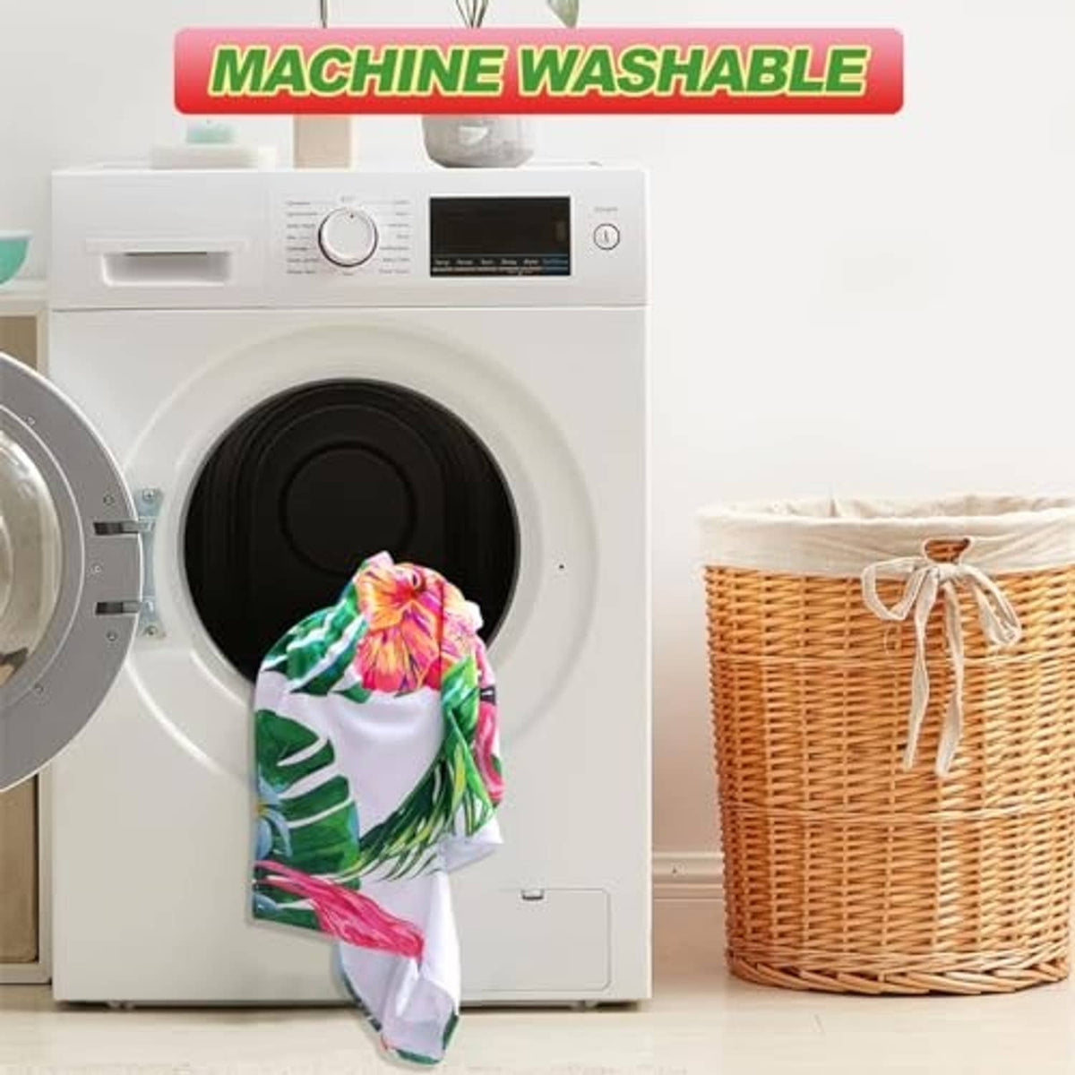 Machine-wash loading photo: flamingo print seat cover in washing machine